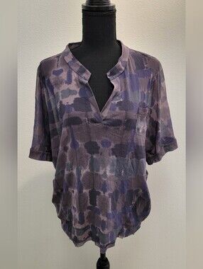 Sheer Purple Patterned Short-Sleeve V-Neck Casual Top